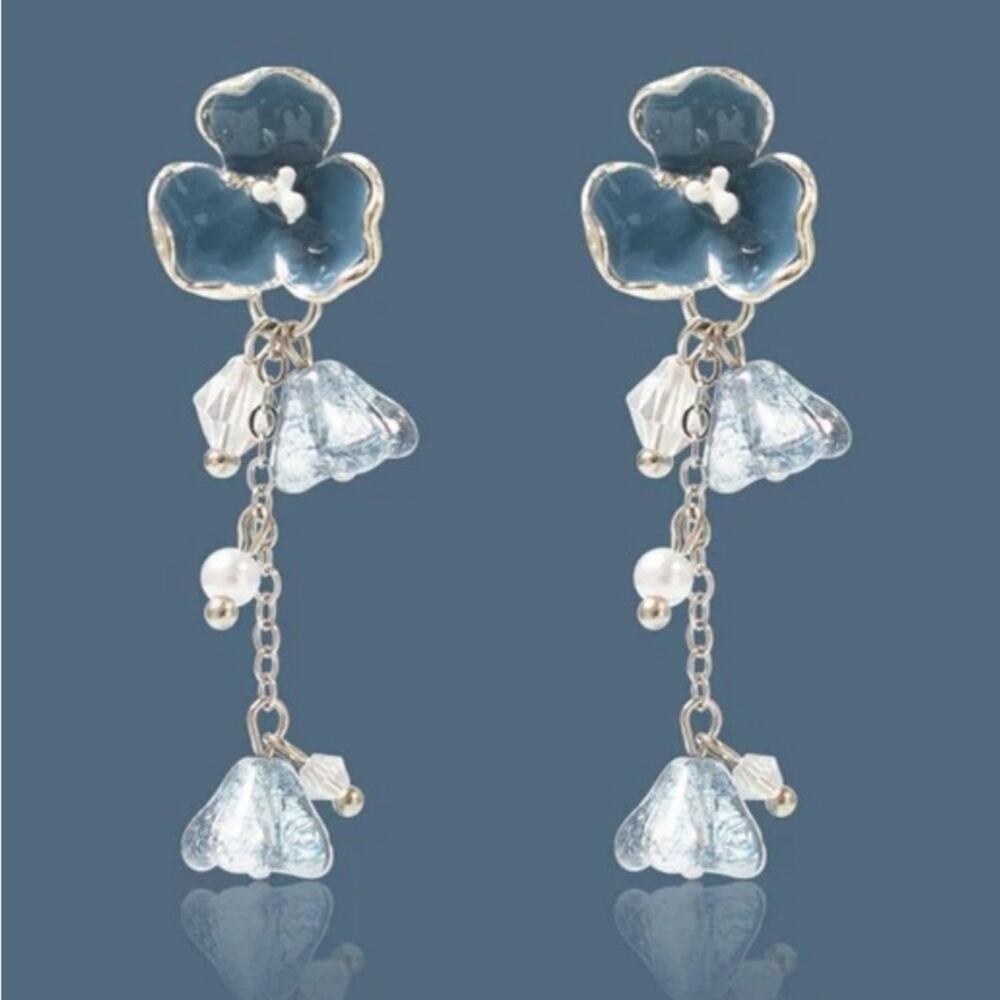 Blue Crystal Flower Drop Earrings